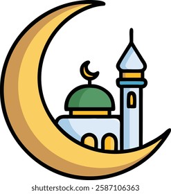 Crescent moon with mosque and green minaret, symbolizing Islamic faith during Ramadan.