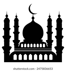 Colección de la luna creciente e ícono de la mezquita, símbolo de la silueta de la mezquita de la noche de Eid. Ilustración vectorial.