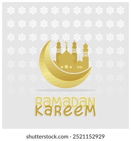 Crescent moon and mosque for Islamic Holidays. Gold color on white background. Ramadan concept. Flat vector illustration.