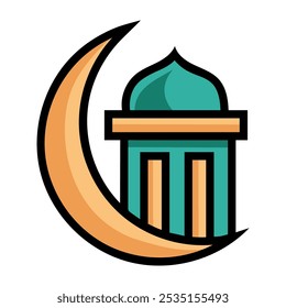 Crescent moon with mosque on white background