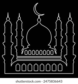 Crescent Moon und Moschee Umriss-Symbol auf schwarzem Hintergrund Kollektion, Eid Nacht Moschee Silhouette Symbol. Vektorillustration.