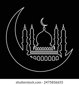Crescent moon and mosque outline icon on black background collection, Eid night mosque silhouette symbol. Vector Illustration.