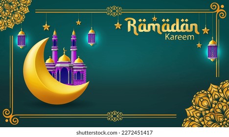 Crescent moon and mosque for Ramadan Kareem and Eid. with golden ornament, islamic celebration background. vector illustration