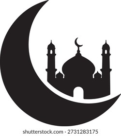 Vetor de Silhueta da Mesquita Crescente da Lua – Ramadã Islâmico e Ícone Eid