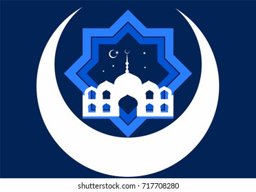 Crescent moon, mosque and stars with geometric shape for islamic celebration card greeting, wallpaper background and website