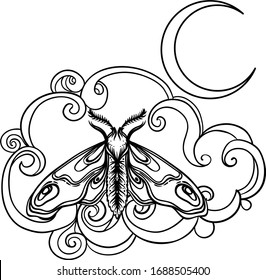 Crescent moon and moth over ornate cloud. Tattoo style. Vector illustration in outlines isolated on white. 