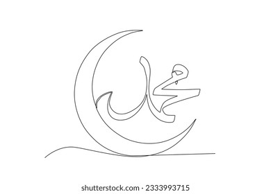 A crescent moon with Muhammad calligraphy. Mawlid one-line drawing