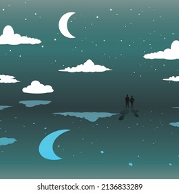 crescent moon night lover. Vector illustration with realistic moon and clouds and star sky.