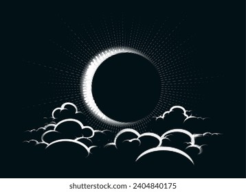 Crescent moon in night sky halftone digital etching. Moon and clouds in moonlight modern cyber semitone engraving vector illustration