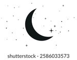 Crescent moon, night sky, stars, celestial, astronomy, black silhouette, minimal, vector illustration, cosmic, dreamy.