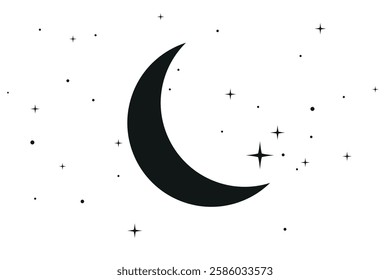 Crescent moon, night sky, stars, celestial, astronomy, black silhouette, minimal, vector illustration, cosmic, dreamy.