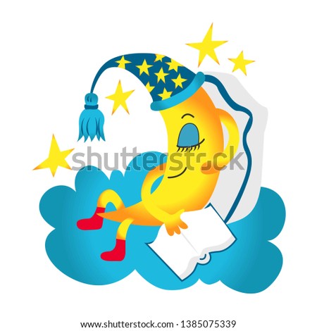 Crescent, moon in nightcap  with book sleeping and smiling among white clouds and stars in the night sky. Good night. Vector flat style. White background.