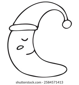 crescent moon in a nightcap, good night, moon in a children s room, cute children s black and white vector coloring, line art, outline