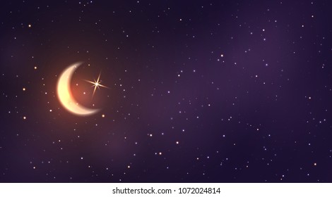 Crescent moon on the background of space with bright stars. Half a month is shining in sky. Vector illustration 
