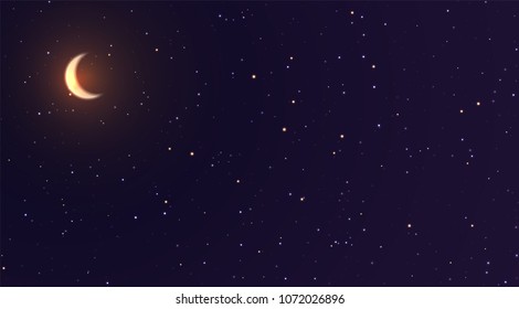 Crescent moon on the background of space with bright stars. Half a month is shining in sky.