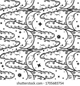 Crescent moon on a cloudy sky ornament. Ethnic decorative seamless pattern. Vintage vector wallpaper, decorative vector art.