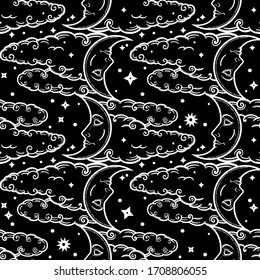 Crescent moon on a cloudy sky ornament. Ethnic decorative seamless pattern. Vintage vector wallpaper, decorative vector art.