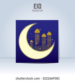 Crescent moon on dark blue background for Ramadan and Eid Mubarak. Vector template for banner, cover and other decorations.