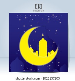 Crescent moon on dark blue background for Ramadan and Eid Mubarak. Vector template for banner, cover and other decorations.