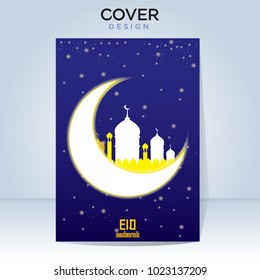 Crescent moon on dark blue background for Ramadan and Eid Mubarak. Vector template for banner, cover and other decorations.