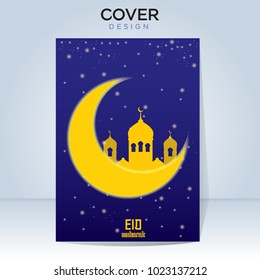 Crescent moon on dark blue background for Ramadan and Eid Mubarak. Vector template for banner, cover and other decorations.