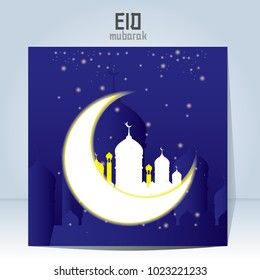 Crescent moon on dark blue background for Ramadan and Eid Mubarak. Vector template for banner, cover and other decorations.