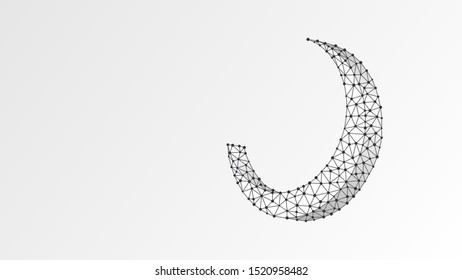 Crescent moon. Moon on dark blue night sky with stars. Night symbol. Muslim, Arabic, Ramadan sign concept. Abstract, digital, wireframe, low poly mesh, vector white origami 3d illustration. Line, dot