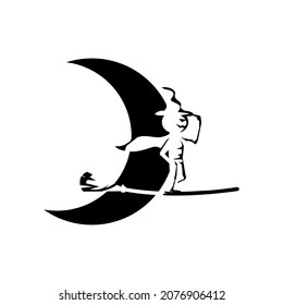 crescent moon on halloween pumpkin man is flying on a broomstick across the moon, like a super hero. there is a footage version check my portfolio!