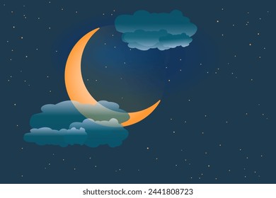 Crescent moon on starry sky background. Dreamy moonlight in night sky. Cartoon orange lunar and clouds. Night time, midnight or bedtime concept. Evening twilight. Universe, cosmos. Vector illustration