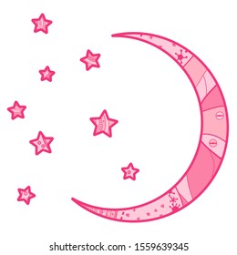 Crescent moon on white. Half moon and stars with abstract patterns on isolation background. Design for spiritual relaxation for adults. Line art. Print for tattoo. Printing on t-shirts and posters