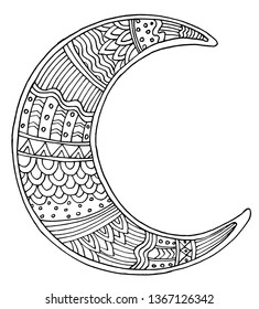 Crescent moon on white, vector illustration. Anti-stress coloring book, zentangle style