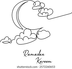 Crescent Moon One-Line Drawing, Outline Vector Illustration for Ramadan Design