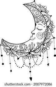Crescent moon ornamental coloring book page in bohemian style