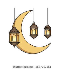 Crescent Moon and Ornate Lanterns Symbolizing Sacred Ramadan Nights Isolated White Background