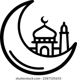 Crescent moon with outlined mosque and minaret symbolizing Ramadan simplicity and peace.