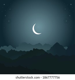 crescent moon over alpine mountains