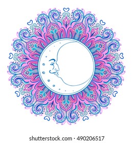 Crescent moon over colorful mandala. Vector illustration isolated on white. Nocturne, astrology, spirituality, alchemy, magic symbol. Ethnic, mystic tribal element, t-shirt print.