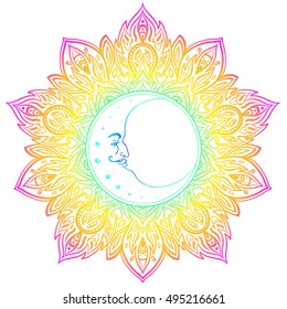 Crescent moon over colorful mandala. Vector illustration isolated on white. Nocturne, astrology, spirituality, alchemy, magic symbol. Ethnic, mystic tribal element, t-shirt print.