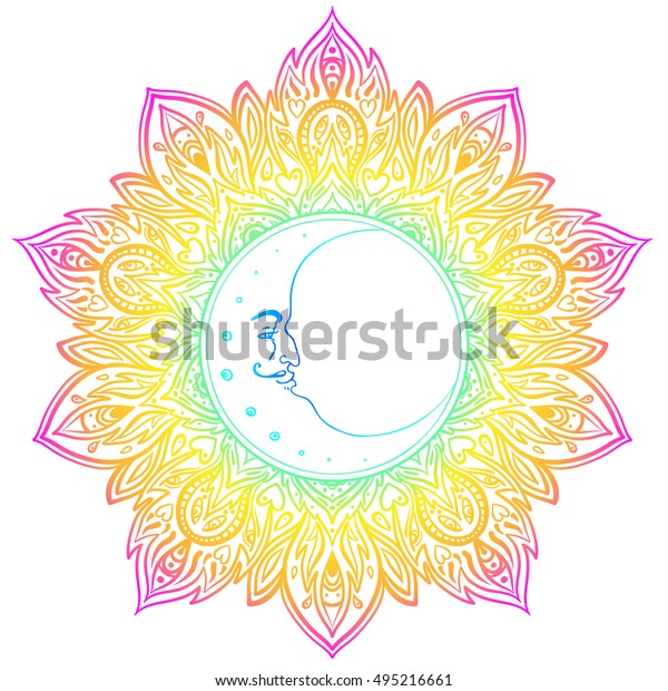 Download Crescent Moon Over Colorful Mandala Vector Stock Vector ...