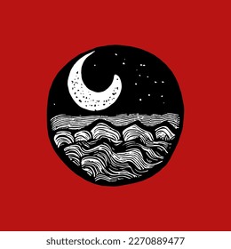 crescent moon over the sea. poetic abstract illustration. Art design for print, cover, wall art. Vector illustration.