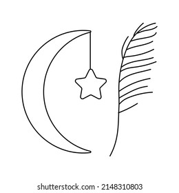 Crescent moon and palm leaf outline logo. Boho kid emblem. Bohemian sign. Customizable linear contour symbol. Editable stroke. Isolated vector stock illustration