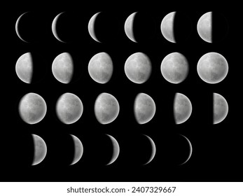 Crescent moon phases and lunar planet stage cycles in sky, vector space symbol. Realistic moon phases of full, half and quarter, new moon and eclipse for astrology calendar on black night background