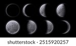 Crescent moon phases at night sky. Realistic 3d vector sequence frame shows the moon satellite varying shapes from eclipse, waning and waxing, to full moon. Natural lunar celestial astronomical cycle