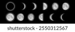 Crescent moon phases at night sky. Realistic Black and White vector sequence illustrations showing the moon from new, waning and waxing, to full moon. Lunar celestial astronomical cycle