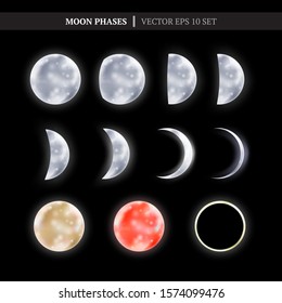 Crescent and the moon phases in the night sky. Set of shiny moon phases. Vector illustration for your graphic design.