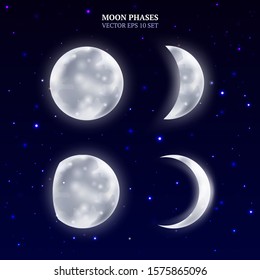 Crescent and the moon phases in the night sky. Set of shiny moon phases. Vector illustration for your graphic design.