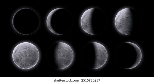 Crescent moon phases at night sky. Realistic 3d vector sequence frame shows the moon satellite varying shapes from eclipse, waning and waxing, to full moon. Natural lunar celestial astronomical cycle