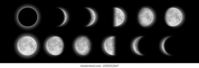 Fases da lua crescente no céu noturno. Ilustrações de sequências vetoriais realistas em preto e branco mostrando a lua desde a lua nova, diminuindo e encerando, até a lua cheia. Ciclo astronômico celeste lunar