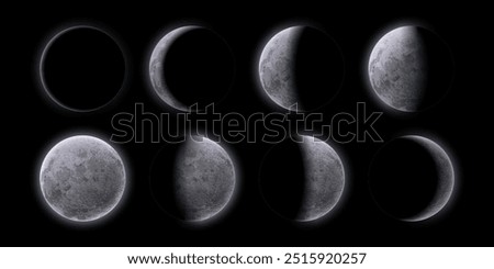 Crescent moon phases at night sky. Realistic 3d vector sequence frame shows the moon satellite varying shapes from eclipse, waning and waxing, to full moon. Natural lunar celestial astronomical cycle