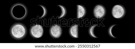 Crescent moon phases at night sky. Realistic Black and White vector sequence illustrations showing the moon from new, waning and waxing, to full moon. Lunar celestial astronomical cycle